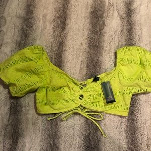 NWT Wild Fable top, green neon eyelet crop puff sleeve bra, women’s L